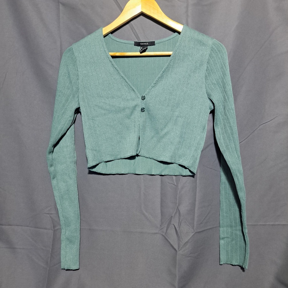 Forever 21 Women's MEDIUM‎ Long Sleeve Button Up Crop Teal